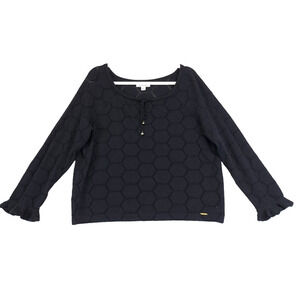 St John Sport By Marie Gray Honeycomb Open Knit Sweater Women L Drawstring Black